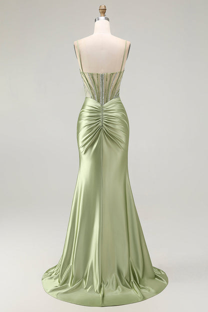 Green Mermaid Corset Ruched Satin Prom Dress with Slit