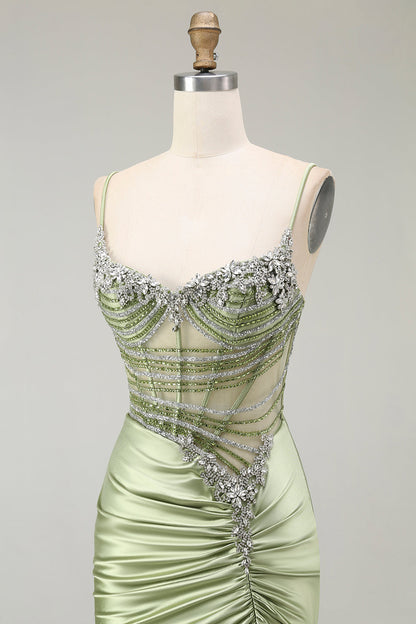 Green Mermaid Corset Ruched Satin Prom Dress with Slit