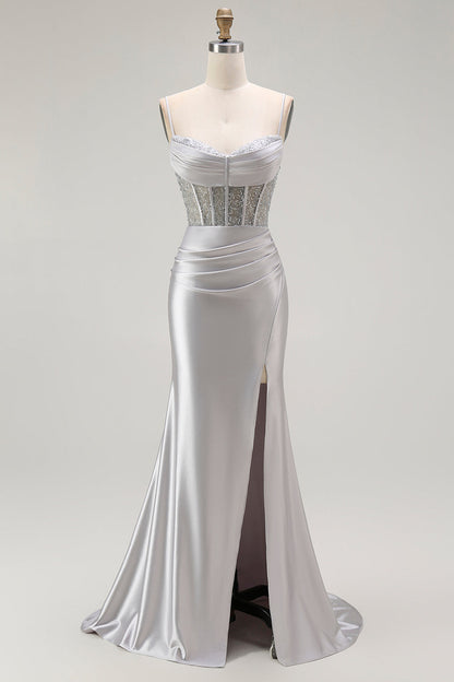 Golden Mermaid Spaghetti Straps Corset Pleated Long Prom Dress with Slit
