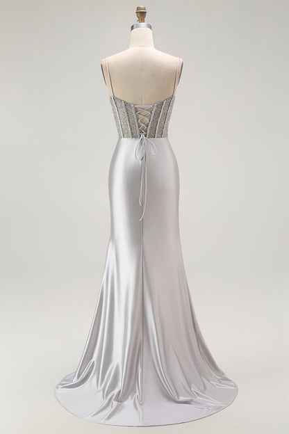 Golden Mermaid Spaghetti Straps Corset Pleated Long Prom Dress with Slit