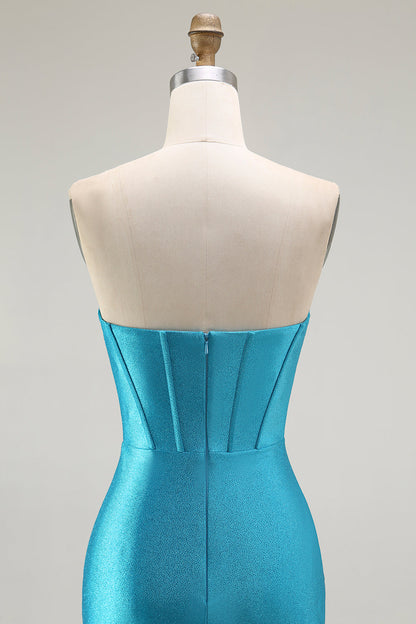 Mermaid Strapless Corset Beaded Blue Prom Dress with Ruffle Slit