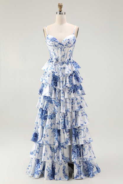 White Blue Floral Corset A Line Tiered Prom Dress