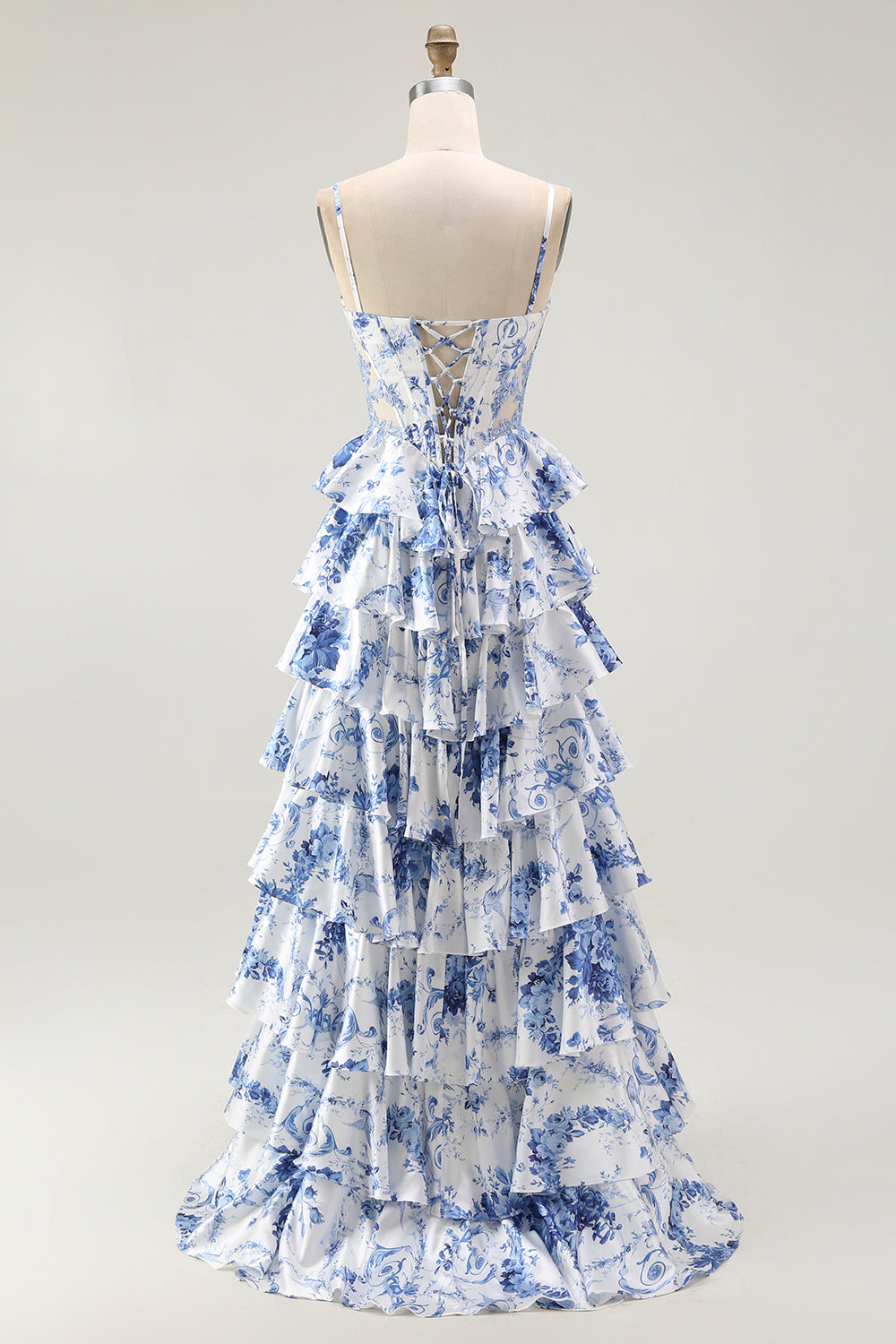 White Blue Floral Corset A Line Tiered Prom Dress