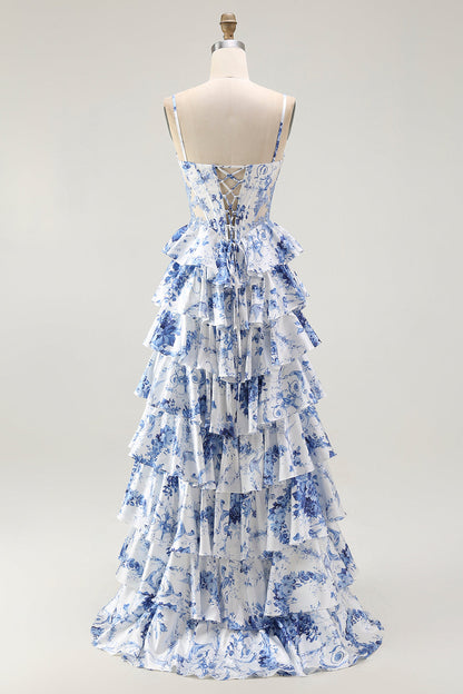 White Blue Floral Corset A Line Tiered Prom Dress