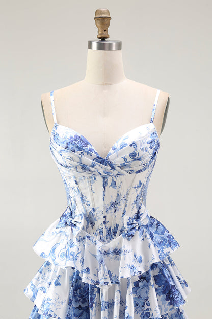 White Blue Floral Corset A Line Tiered Prom Dress