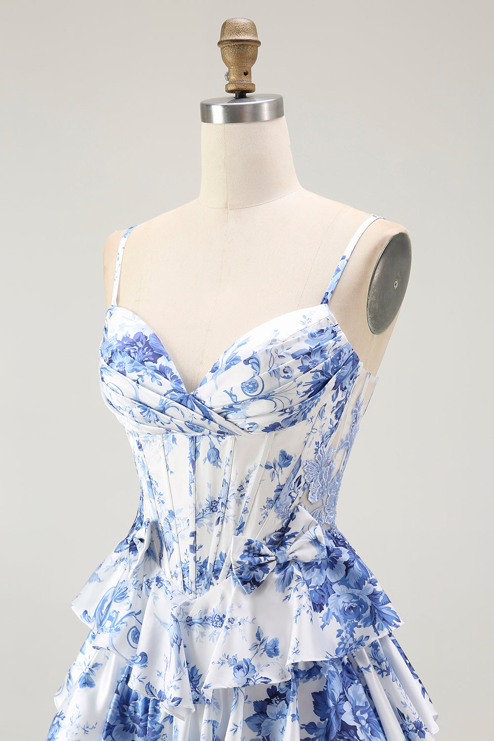 White Blue Floral Corset A Line Tiered Prom Dress