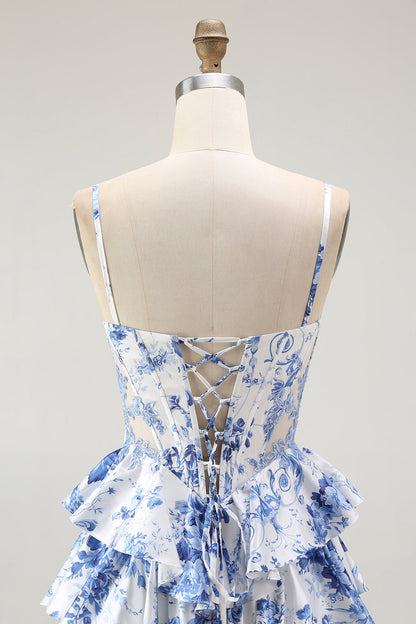 White Blue Floral Corset A Line Tiered Prom Dress