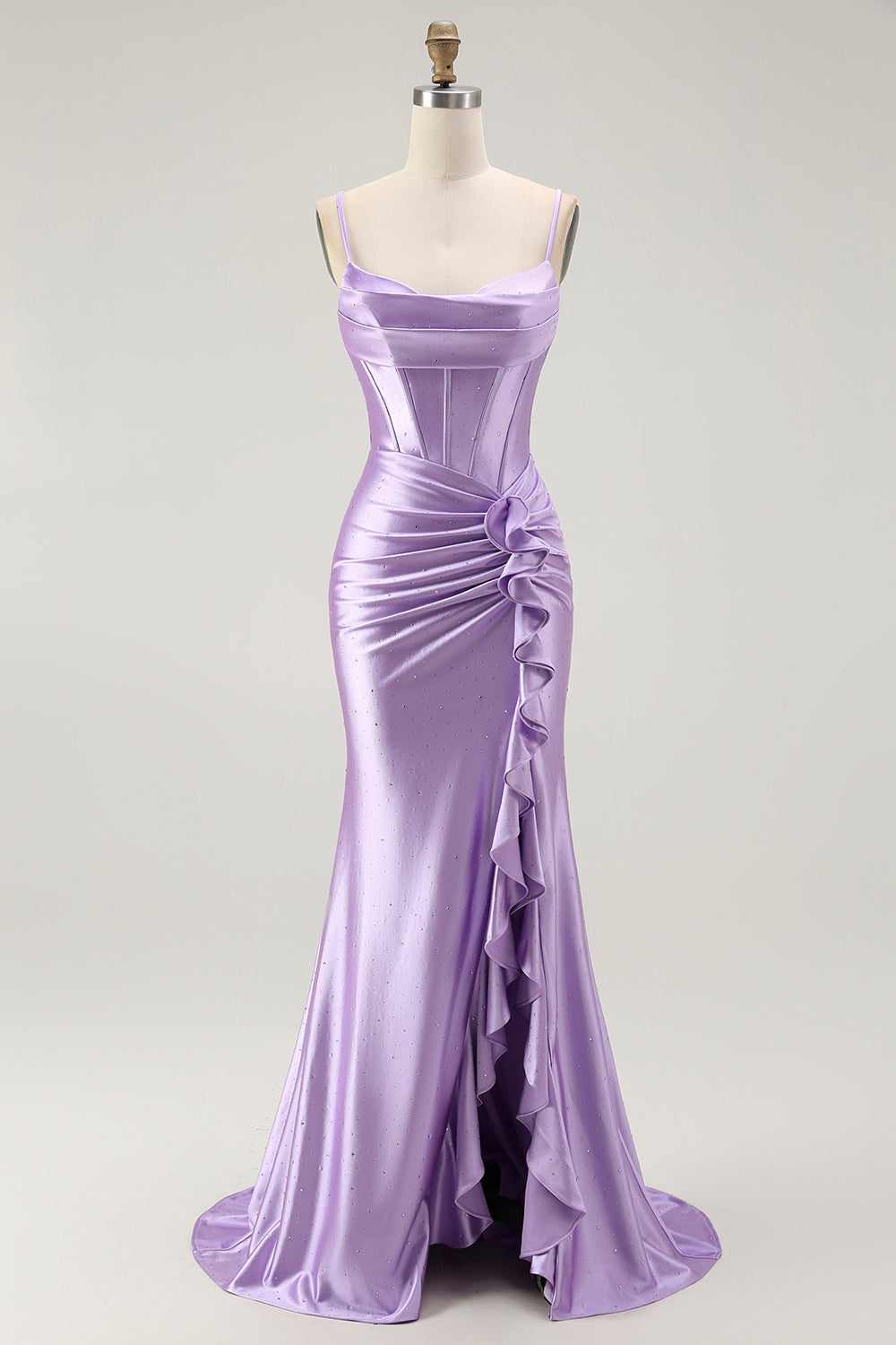Purple Mermaid Corset Ruched Long Prom Dress with Ruffled Slit