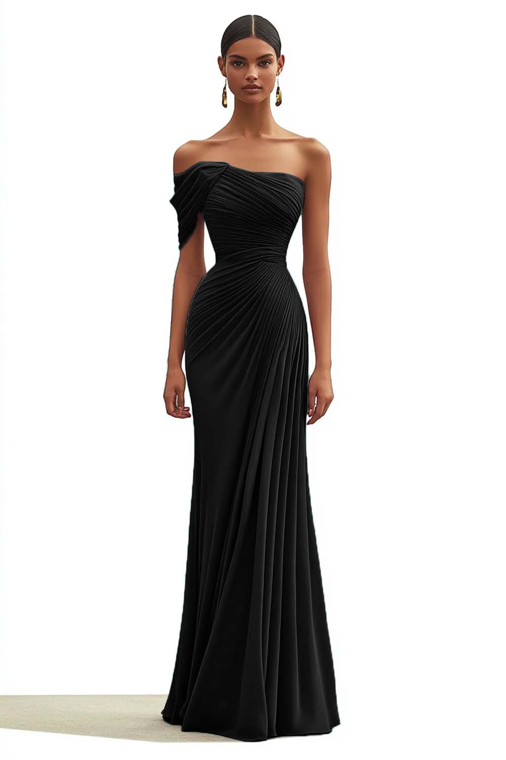 One Shoulder Mermaid Pleated Dark Green Long Formal Dress