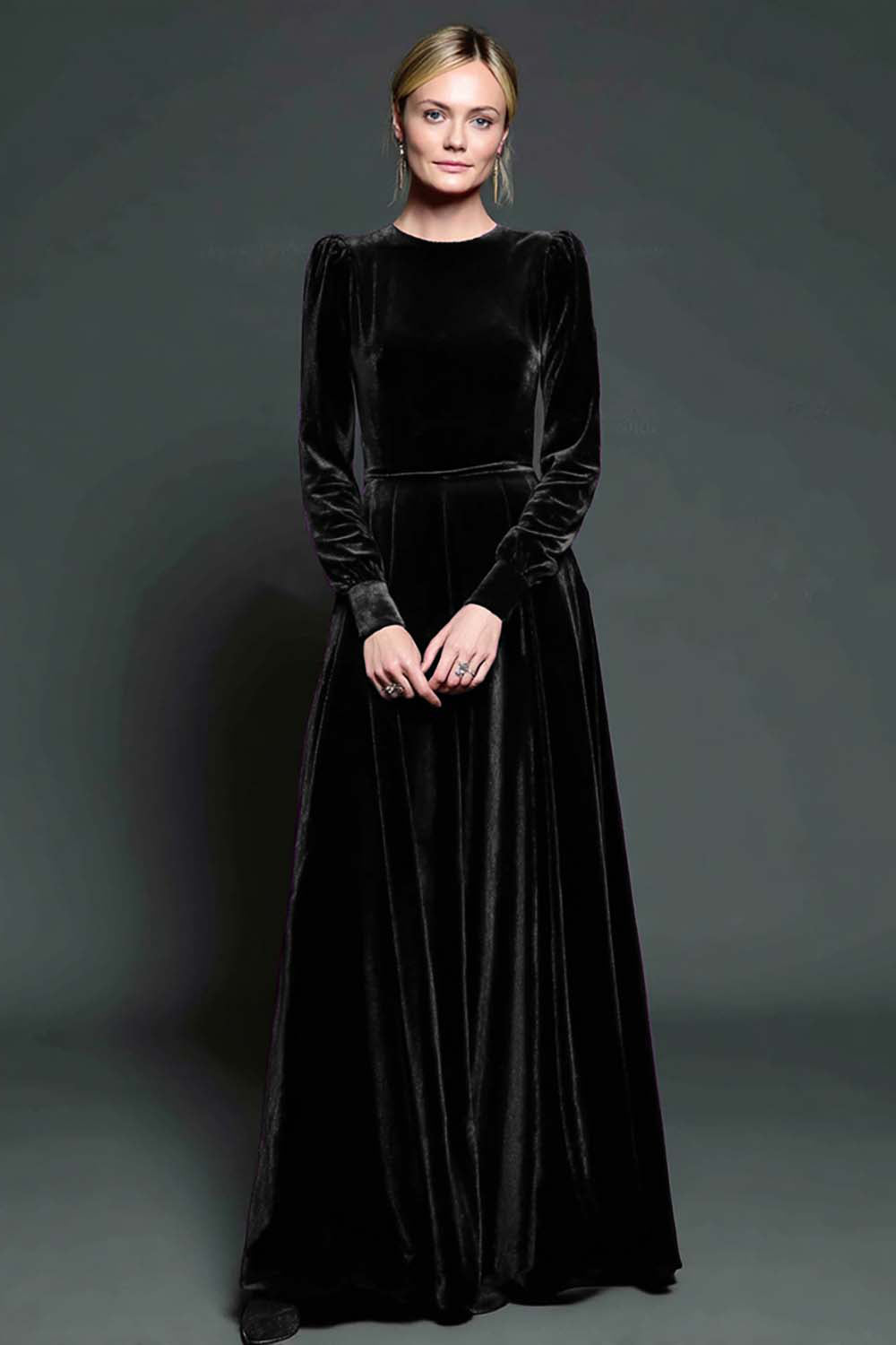 Dark Green A-Line Velvet Long Formal Dress With Long Sleeves