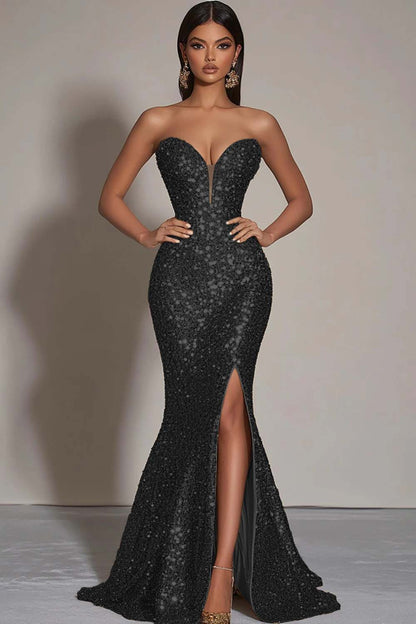 Sparkly Strapless Mermaid Gold Formal Dress With Slit