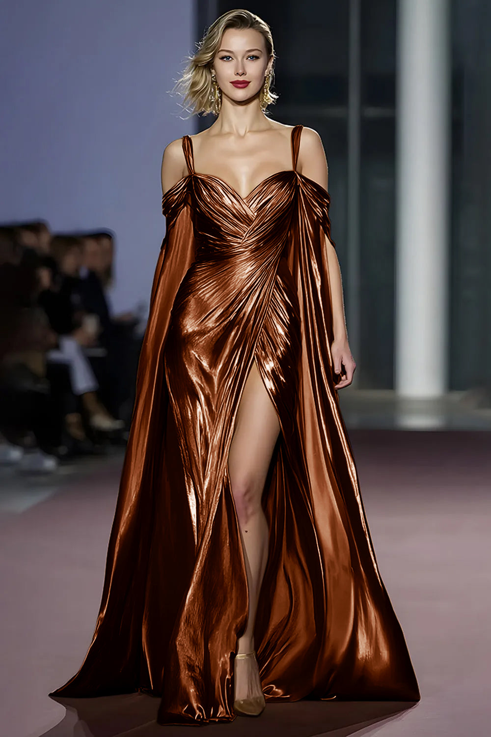 Coffee Metallic Cold Shoulder Long Gala Dress With Slit