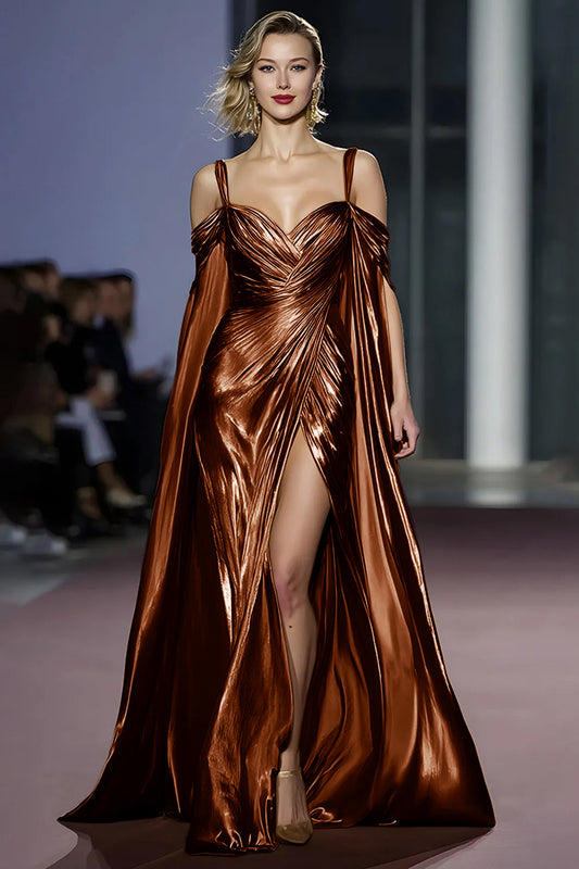 Coffee Metallic Cold Shoulder Long Gala Dress With Slit