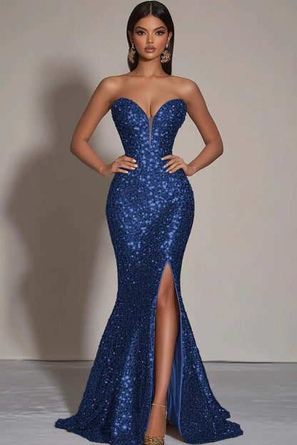 Sparkly Strapless Mermaid Gold Formal Dress With Slit