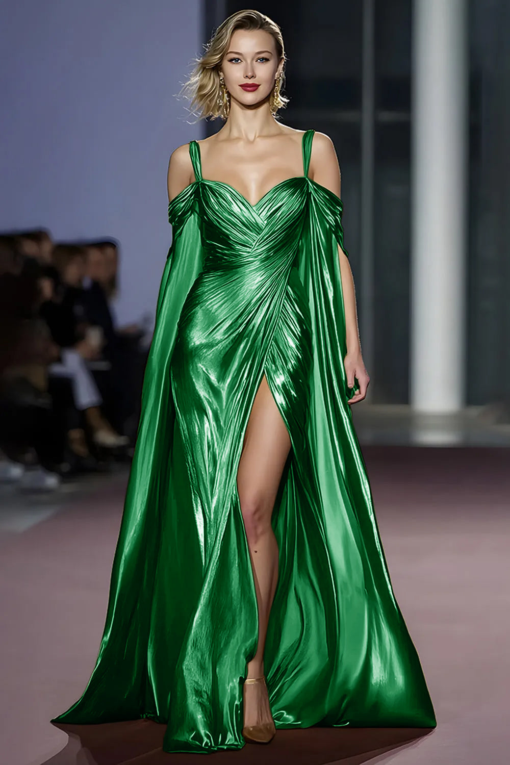 Coffee Metallic Cold Shoulder Long Gala Dress With Slit