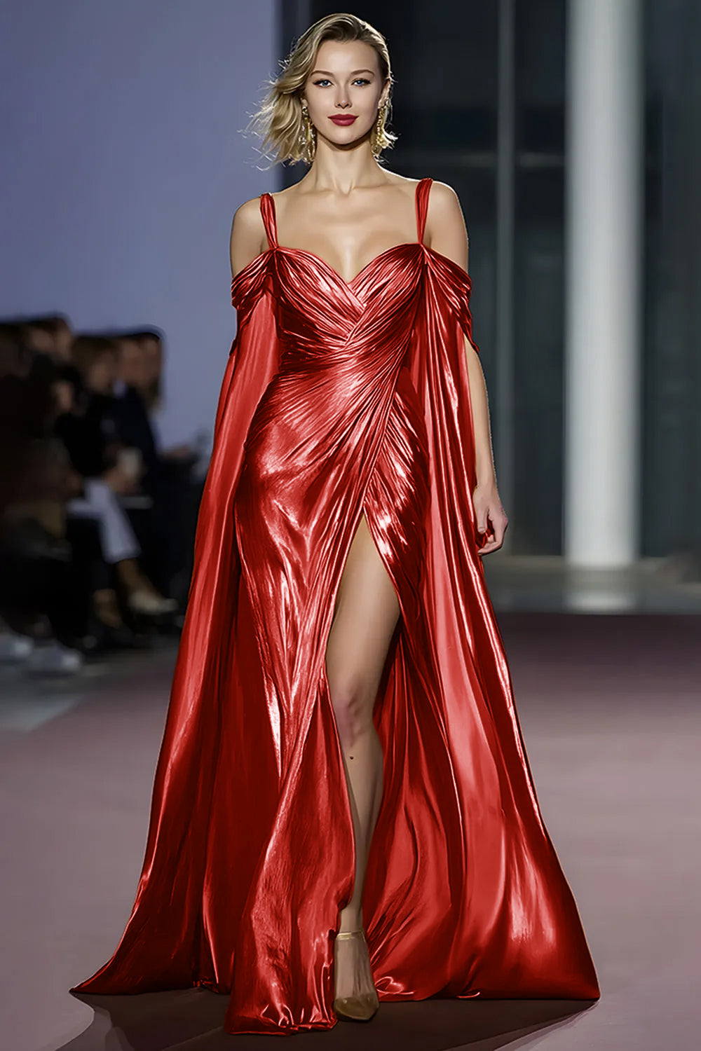 Coffee Metallic Cold Shoulder Long Gala Dress With Slit