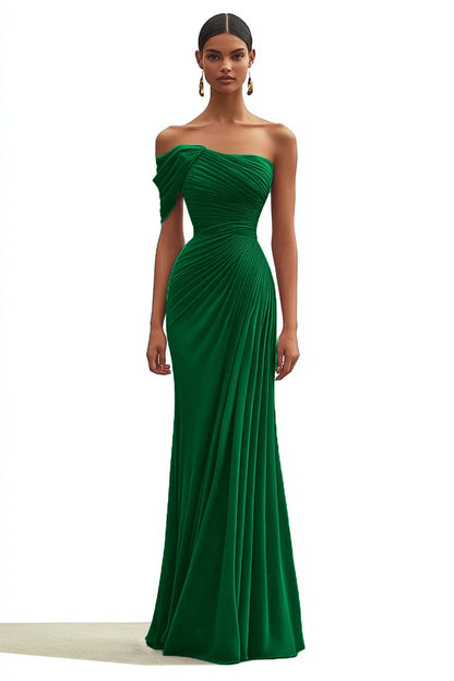 One Shoulder Mermaid Pleated Dark Green Long Formal Dress
