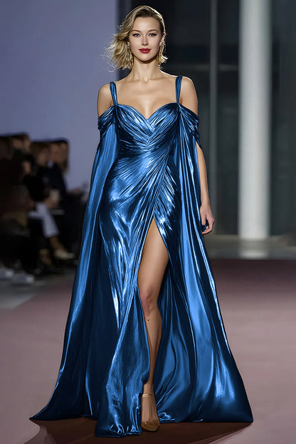 Coffee Metallic Cold Shoulder Long Gala Dress With Slit