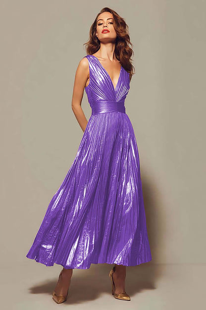 Fuchsia A-Line Metallic Pleated V-Neck Formal Dress