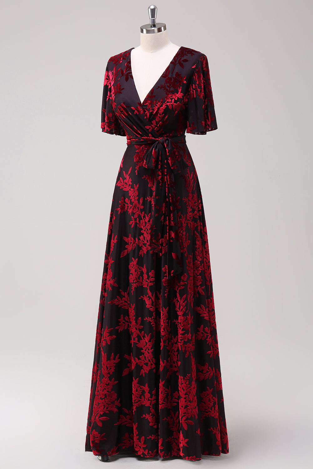 Pine A Line V Neck Burnout Velvet Long Prom Dress with Short Sleeves