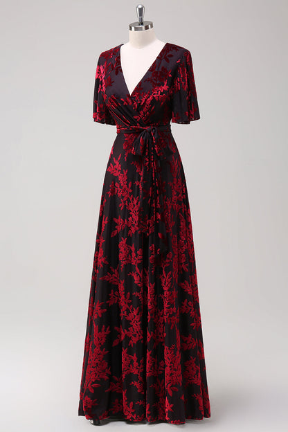 Pine A Line V Neck Burnout Velvet Long Prom Dress with Short Sleeves