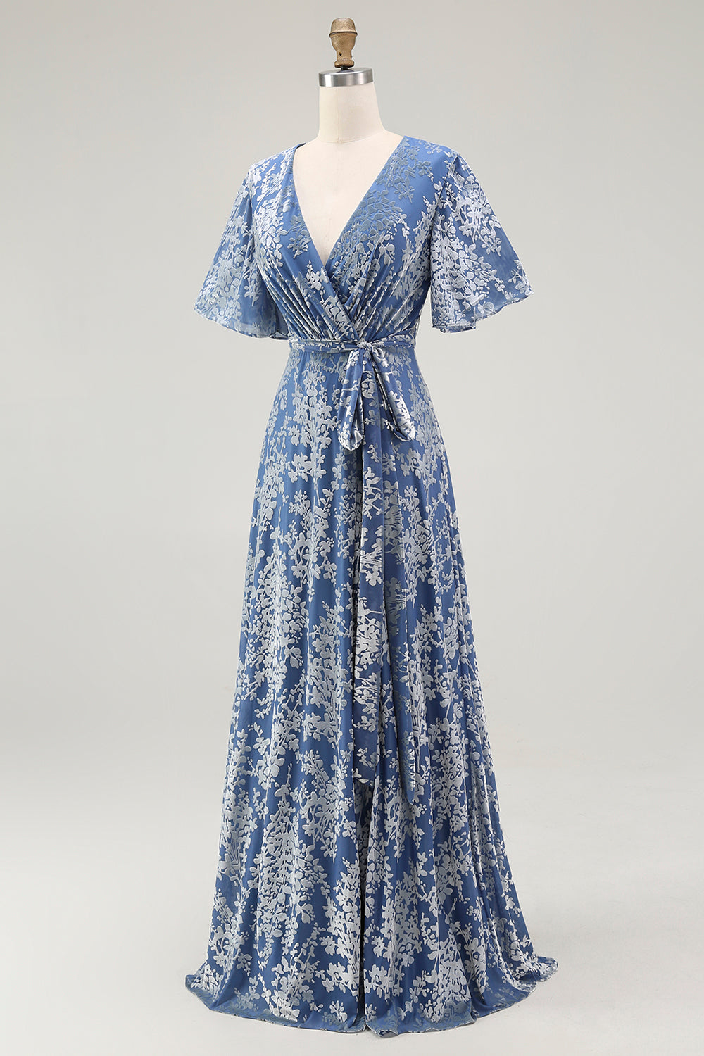 Pine A Line V Neck Burnout Velvet Long Prom Dress with Short Sleeves