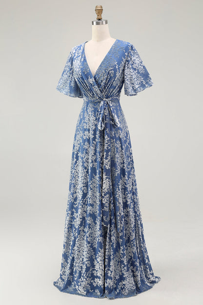 Pine A Line V Neck Burnout Velvet Long Prom Dress with Short Sleeves