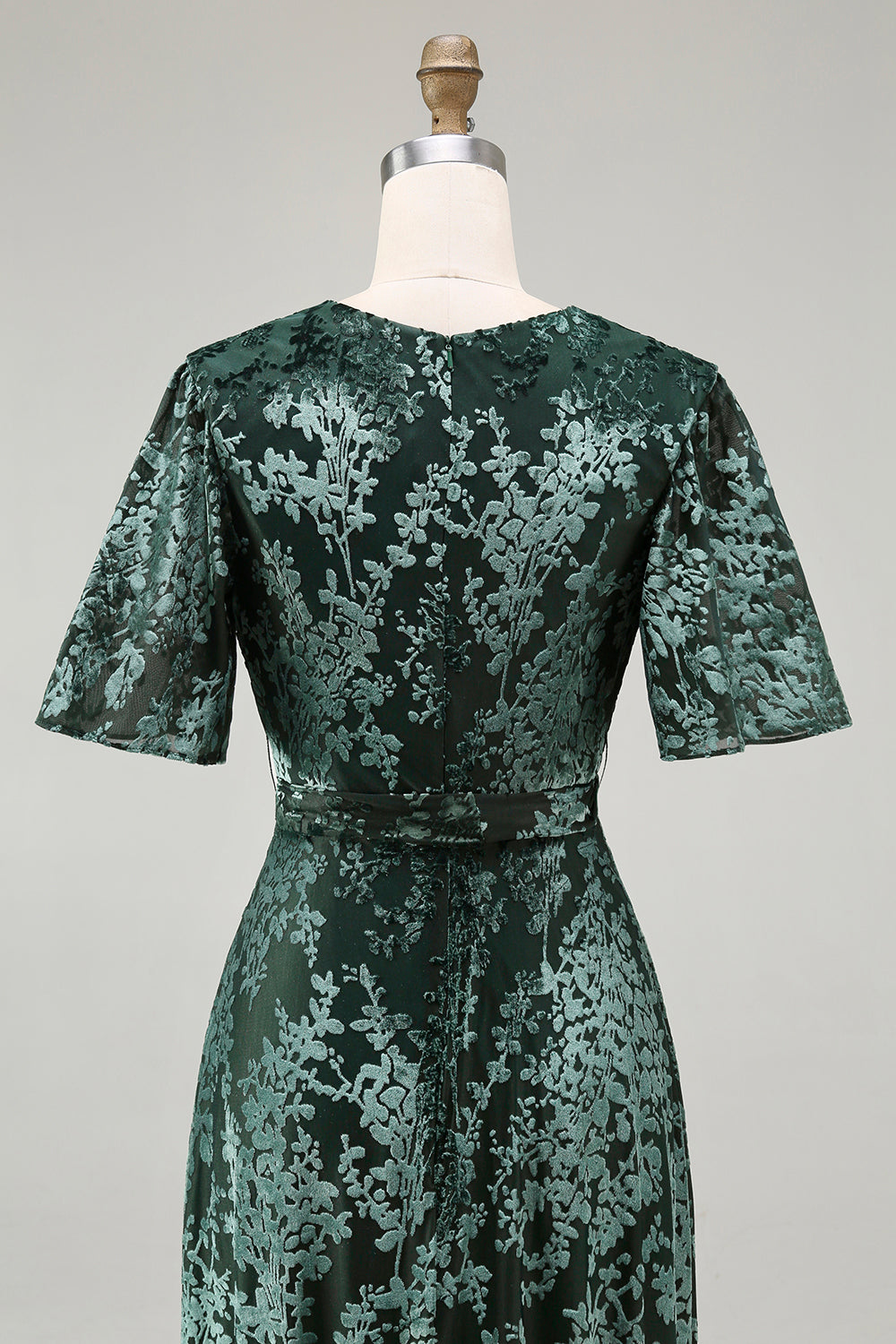 Pine A Line V Neck Burnout Velvet Long Prom Dress with Short Sleeves