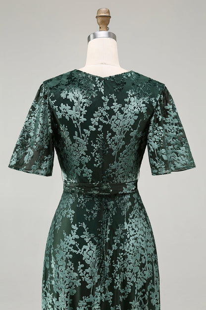 Pine A Line V Neck Burnout Velvet Long Prom Dress with Short Sleeves