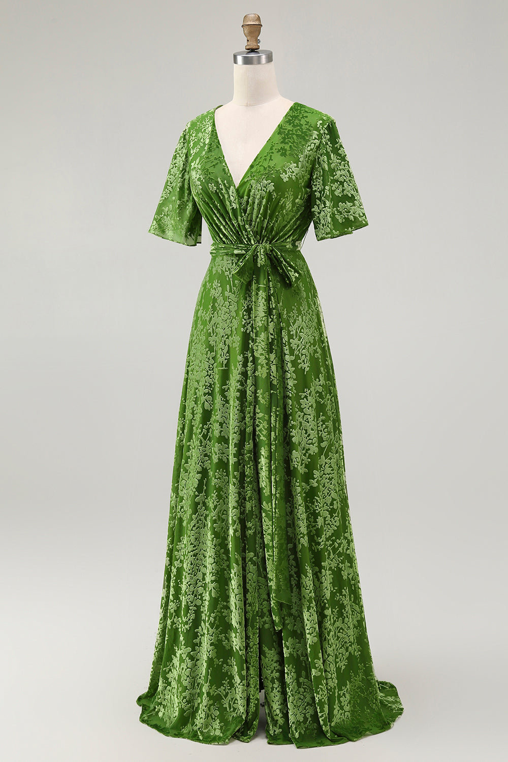 Pine A Line V Neck Burnout Velvet Long Prom Dress with Short Sleeves