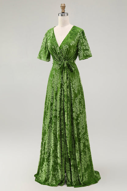 Pine A Line V Neck Burnout Velvet Long Prom Dress with Short Sleeves