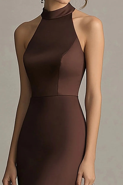 Coffee Mermaid Halter Neck Long Formal Dress